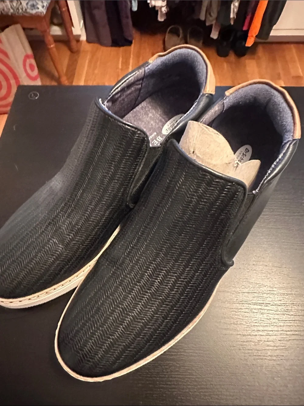 Dr. Scholl's Black Slip-On Wedges with Tan Accent
